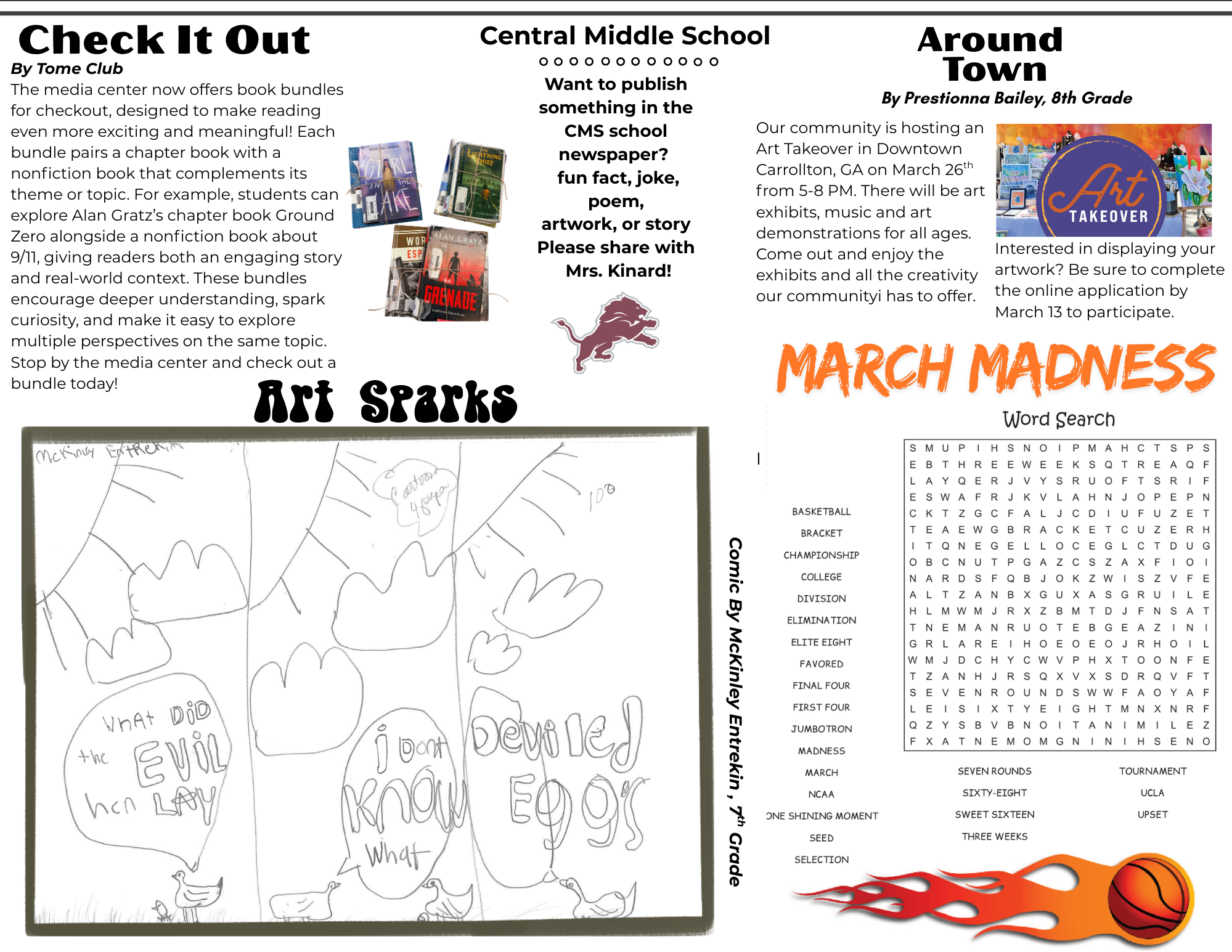 issue 2 page 2 of cms gazette.  crossword puzzle, community event, cartoon by student and book bundles available in the media center.