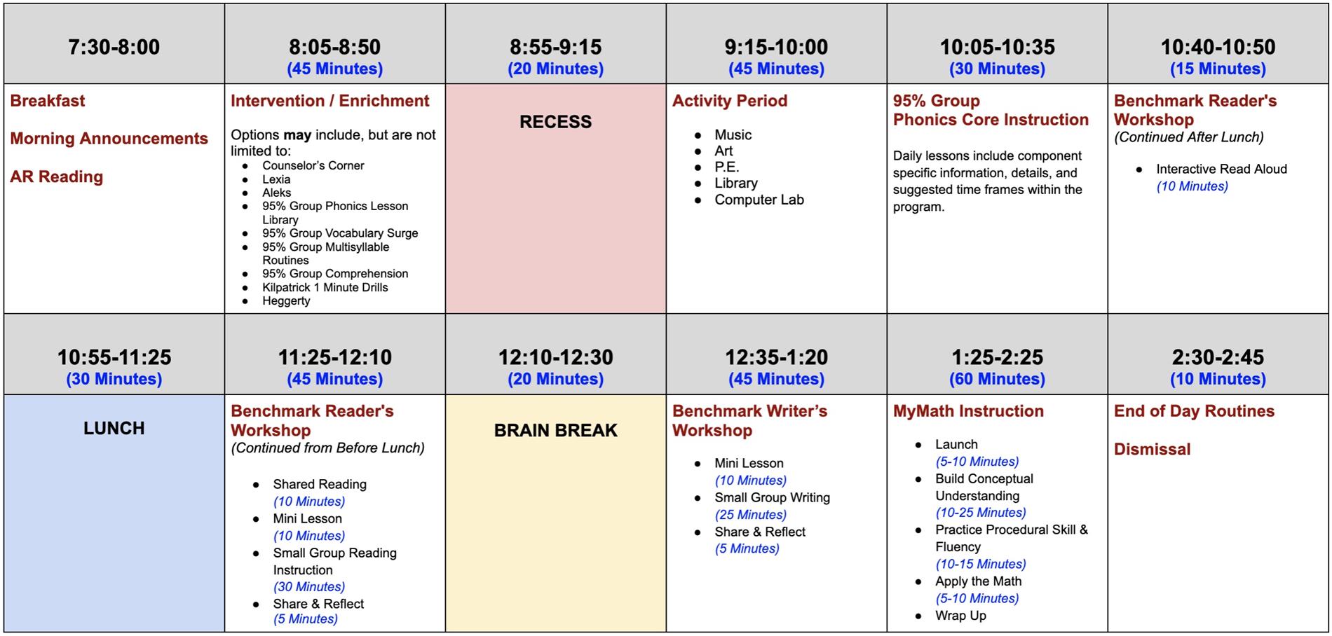 Grade 1 #RL Schedule