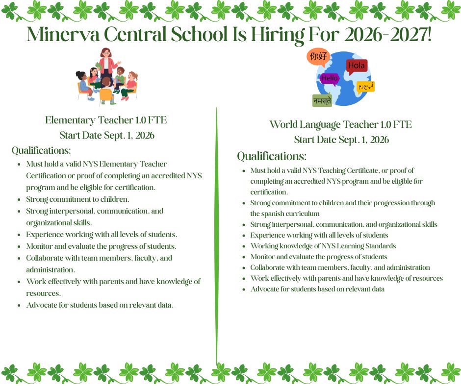 Hiring Elementary and World Language Instructors Call 518 251 2000 for more information
