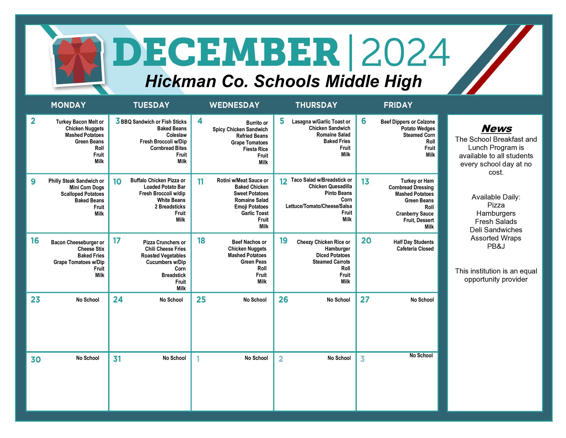 December Lunch Schedule