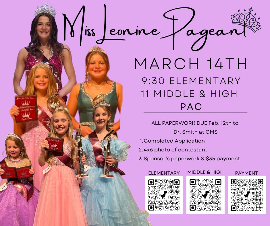 miss lionette pageant saturday, march 14th at the PAC. 9:30 elementary, 11 middle and high. 