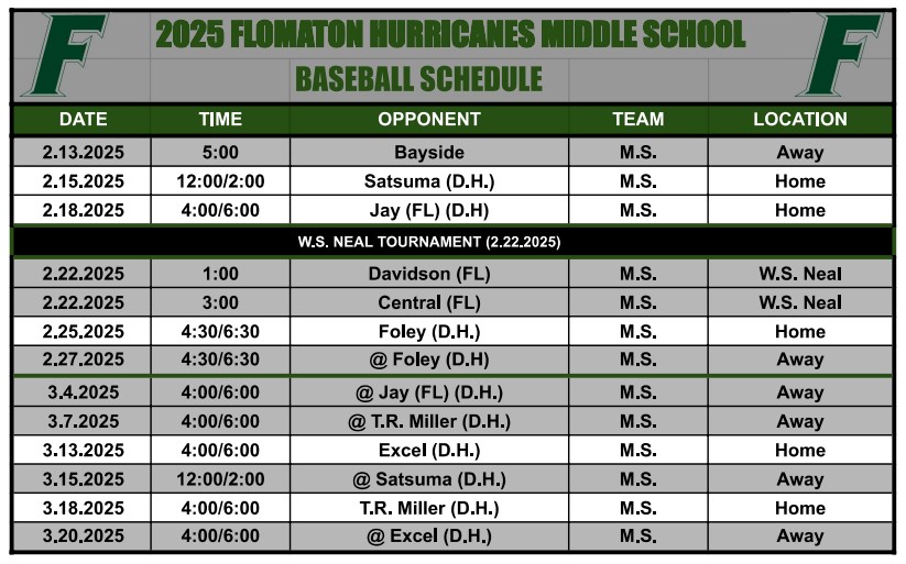 Middle School Baseball Schedule 2025