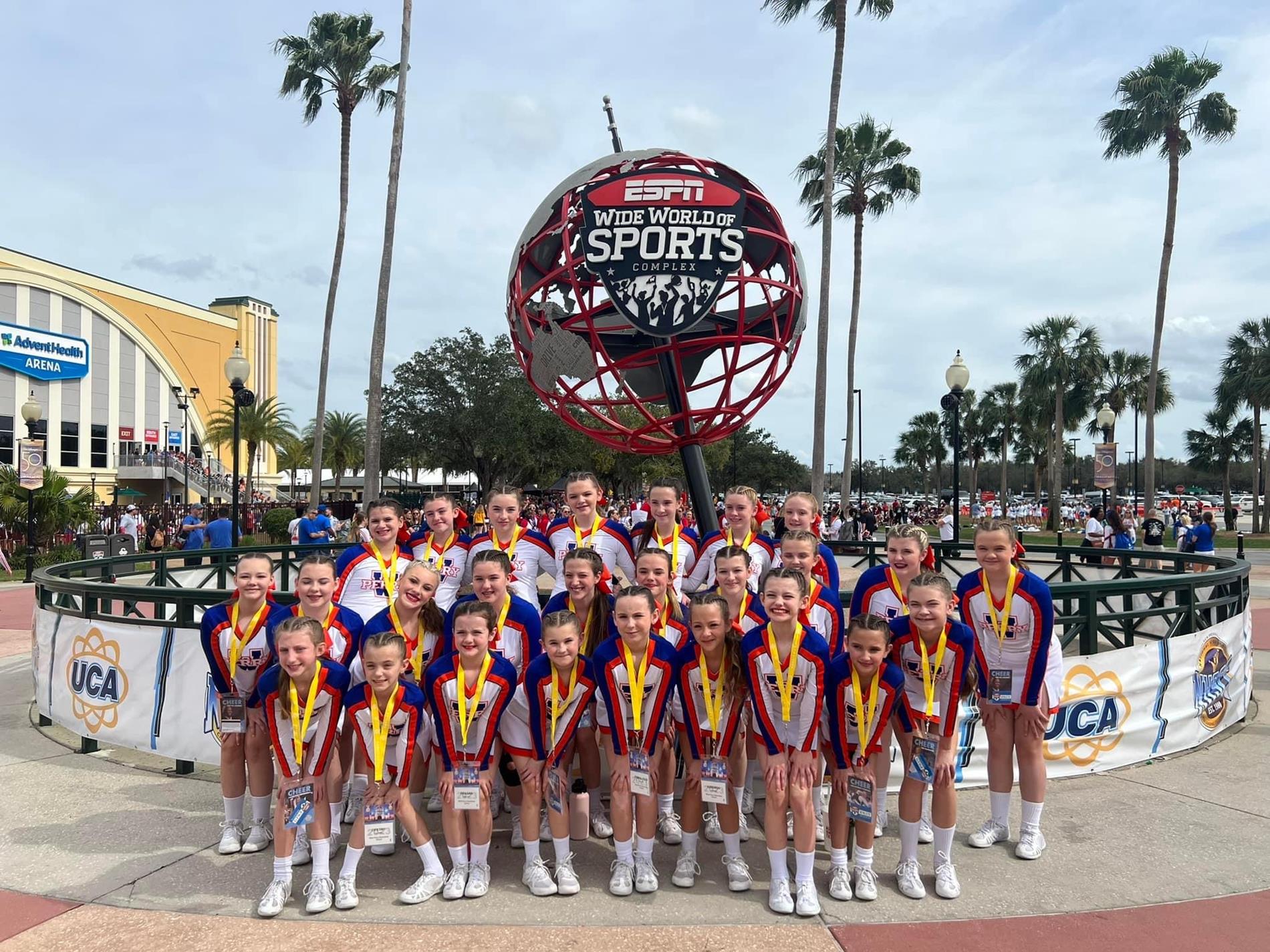 Cheerleaders at competition, espn wide world of sports logo in background