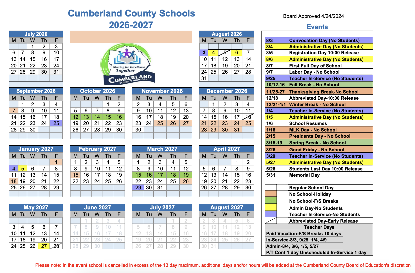 2024-2025 School Calendar