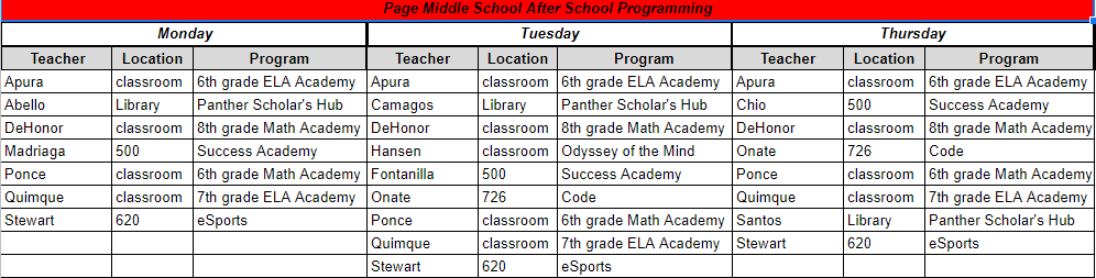Page Middle School AFter School Programming
