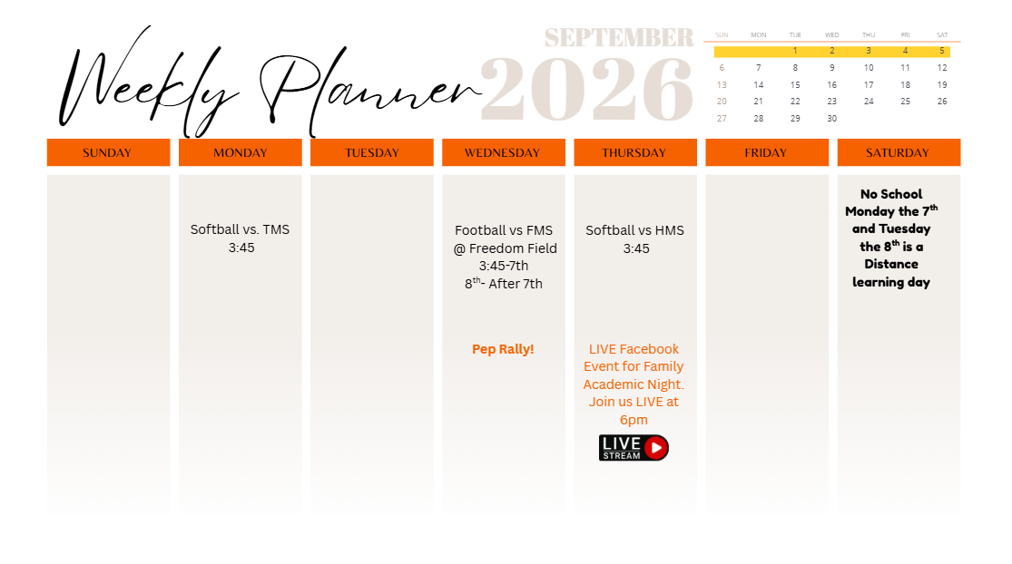 Week at a glance: Softball Monday and Thrusday, Football Wednesday, Thursday at 6pm LIVE virtual family engagment night on Facebook