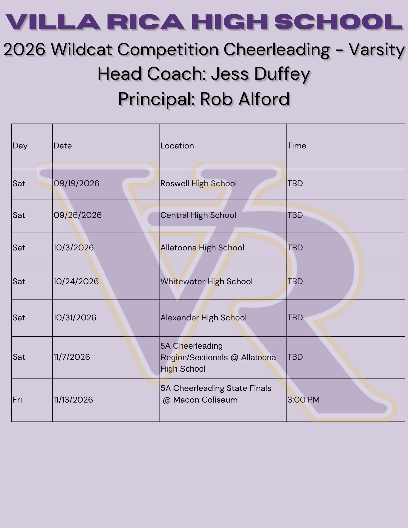 2026 Varsity Competition Cheer Schedule 2026 Varsity Competition Cheer Schedule
