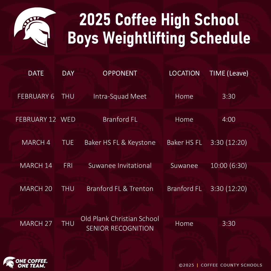 2025 CHS Boys Weightlifting Schedule