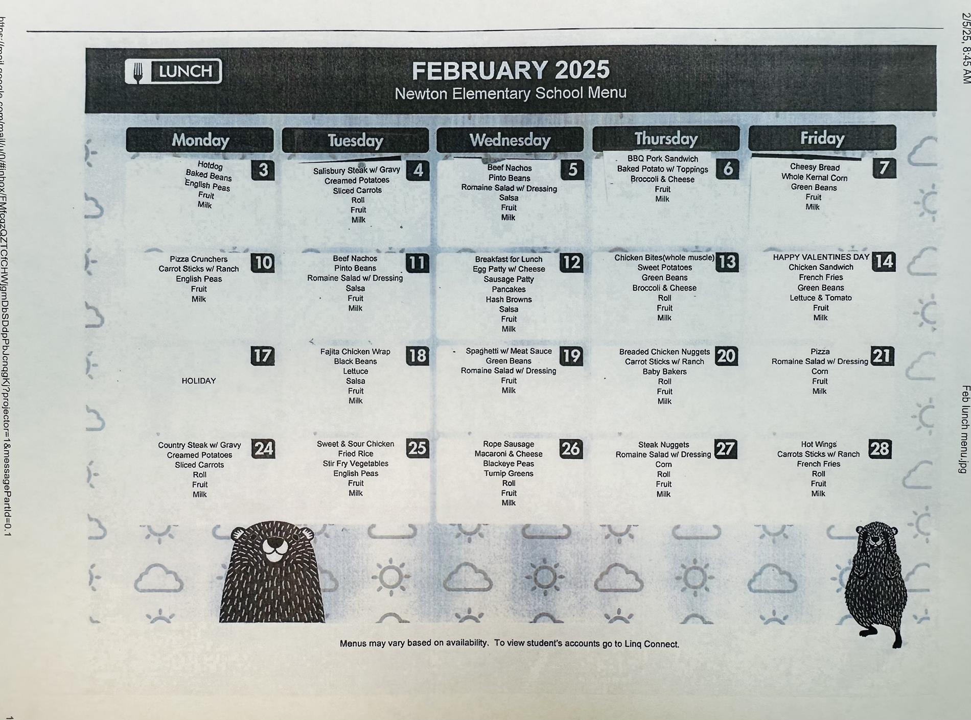 February Lunch Menu