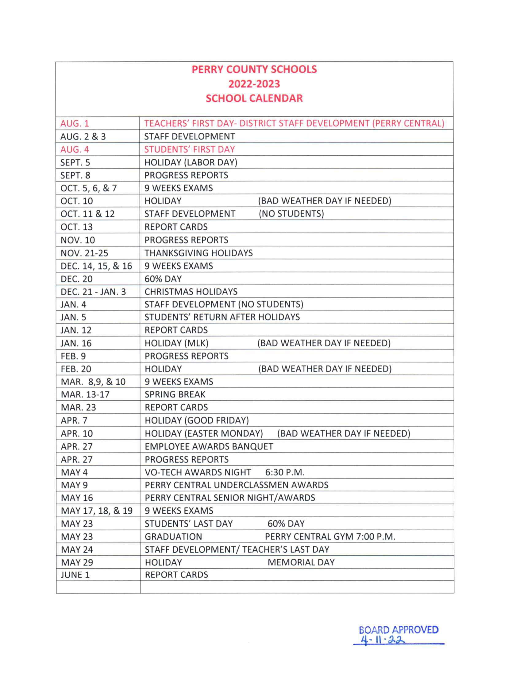 Bell Schedule & Calendar - Perry Central High School