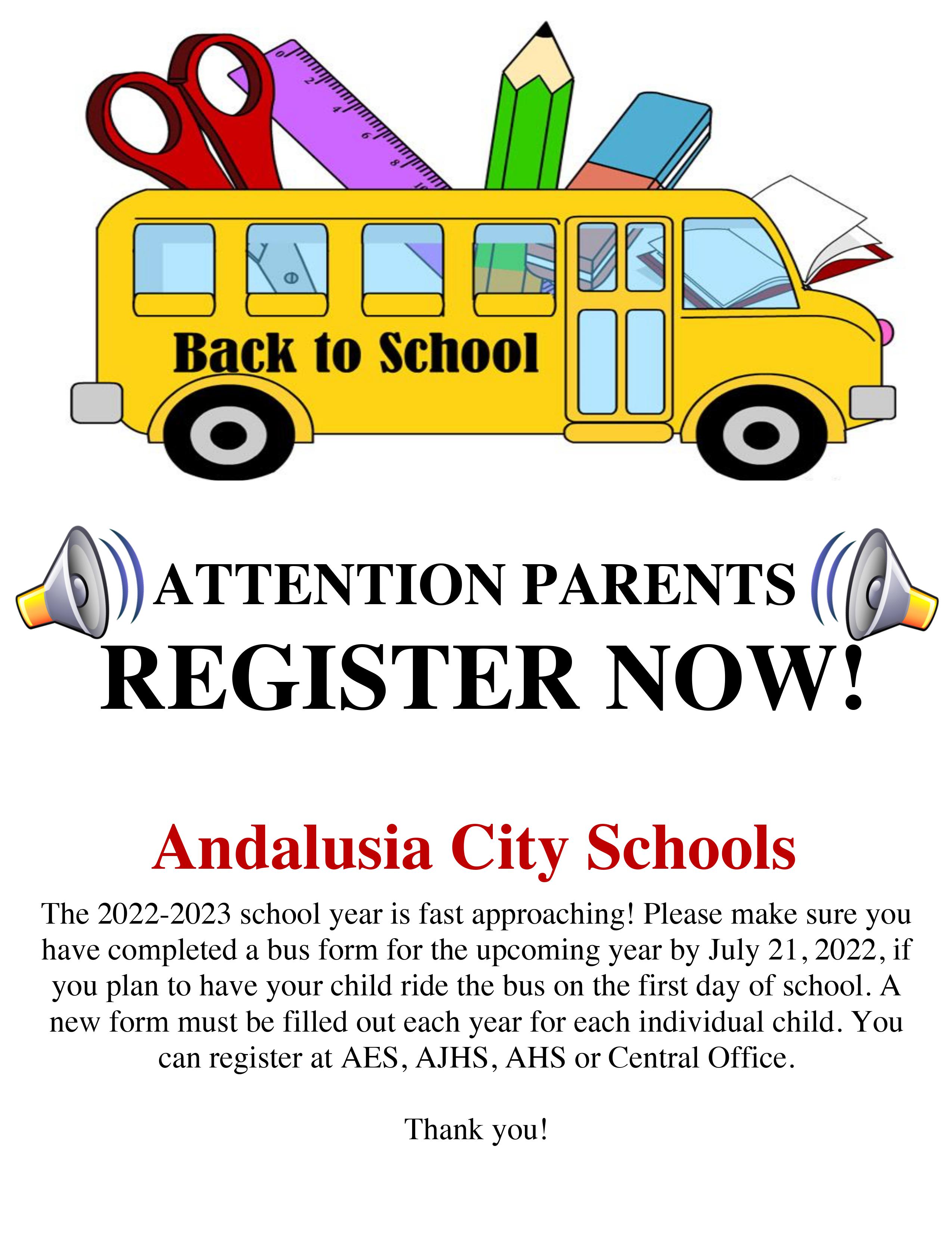 Andalusia City Schools Bus Registration for the 20222023 School Year