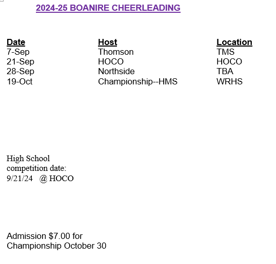 2021 Cheerleading Schedule