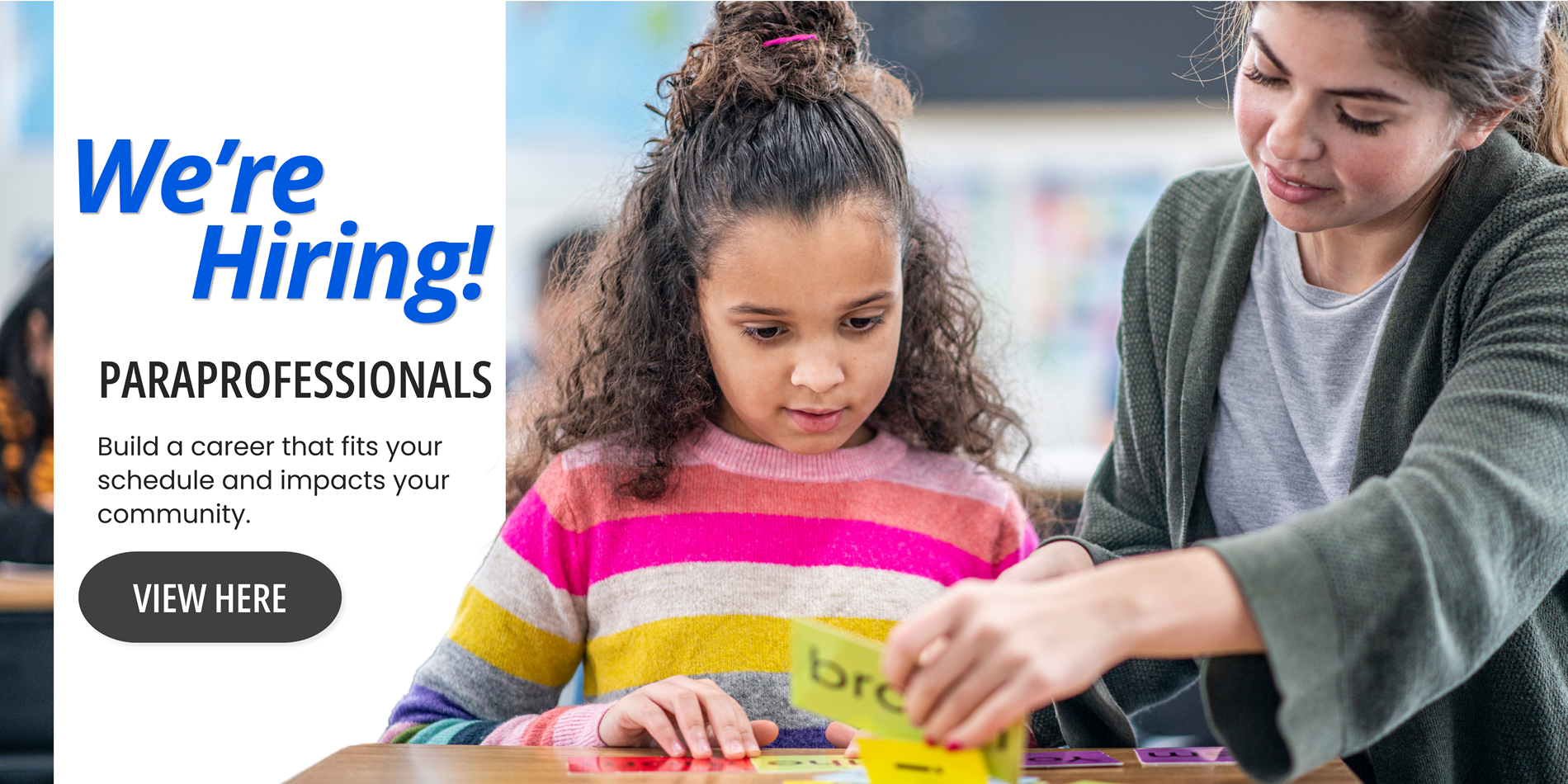 We're hiring paraprofessionals graphic showing student and parapro.