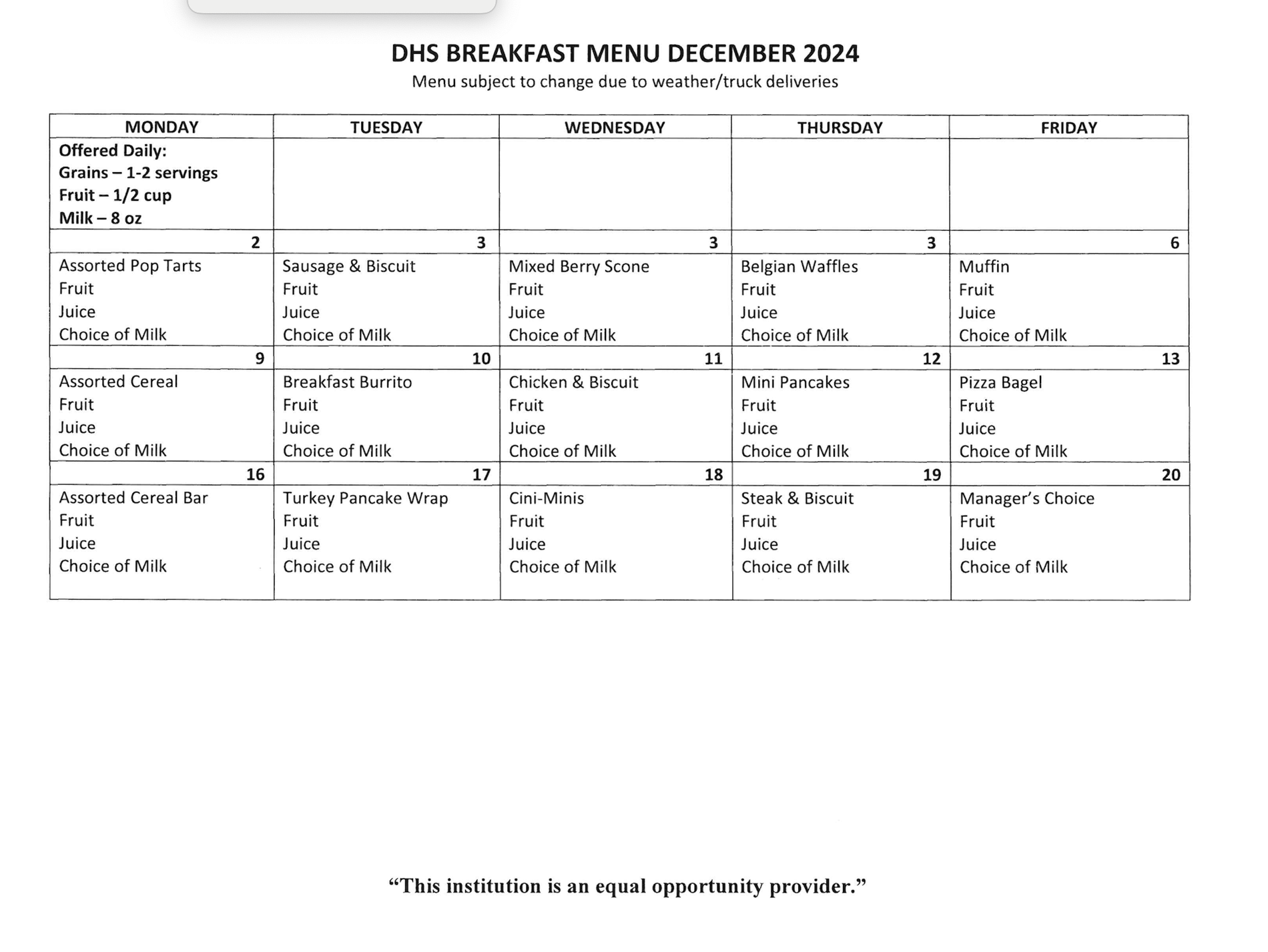 DHS Breakfast Menu