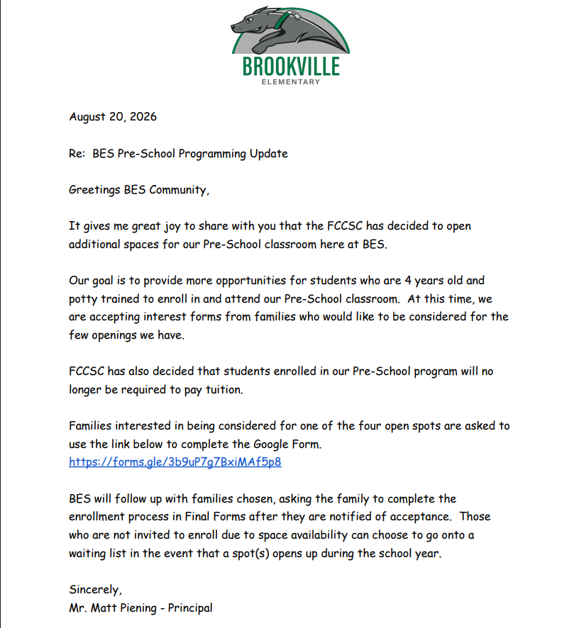 Letter explaining BES preschool openings for new school year