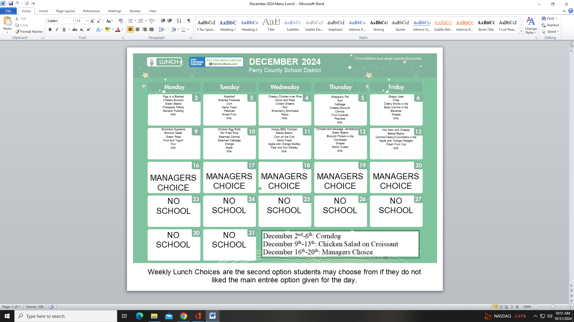 December Lunch Menu 2024