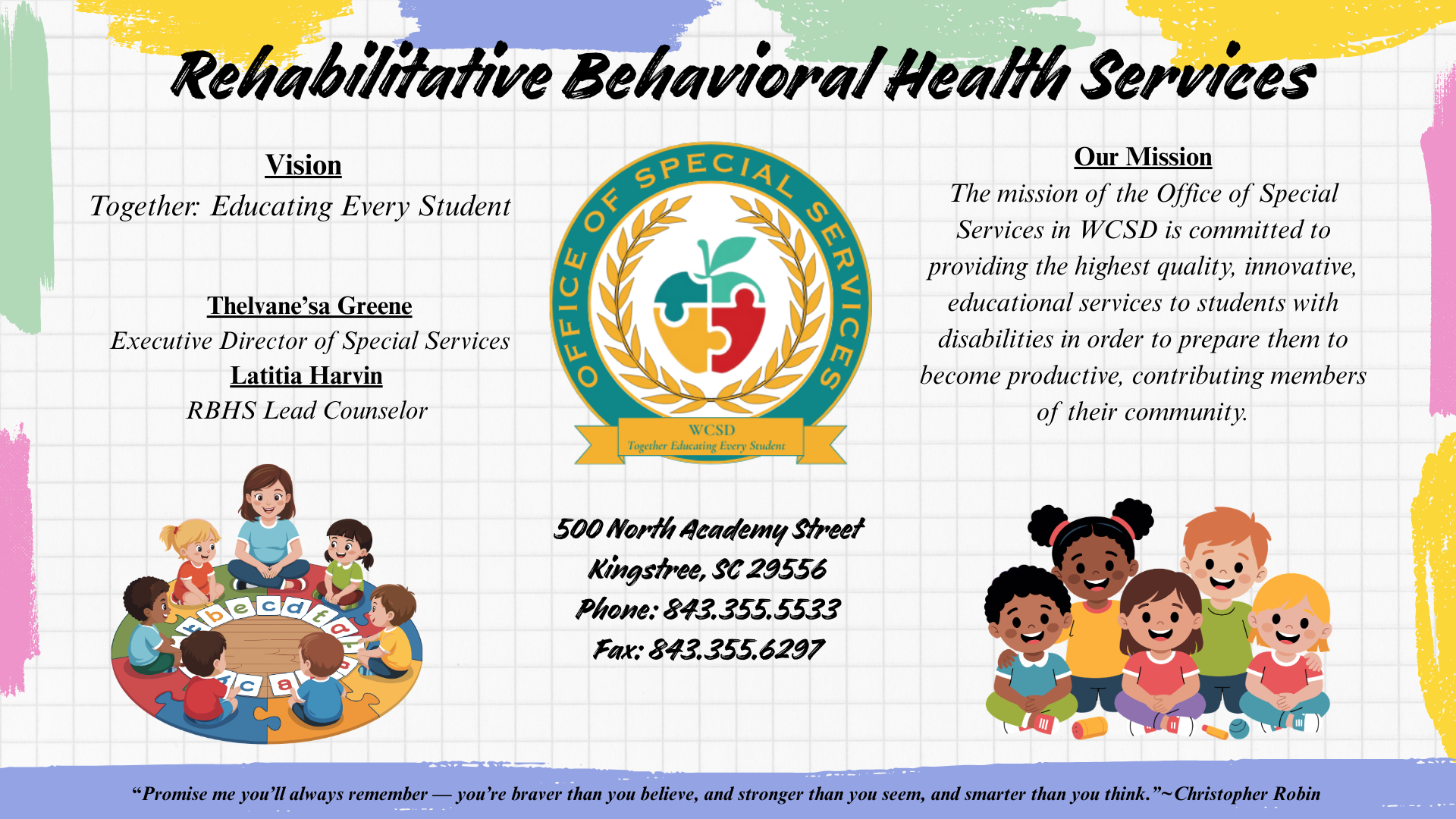A decorative poster or brochure page with colorful watercolor paint swipes (teal, yellow, purple, blue) along the edges of a white background. At the top center, the bold cursive title reads "Rehabilitative Behavioral Health Services."  Below the title, the content is arranged into three sections.  The left section has a bold centered header: "Vision." Underneath, it says "Together: Educating Every Student" followed by: **Thelvane’sa Greene** Executive Director of Special Services **Latitia Harvin** RBHS Lead Counselor  The middle section features a large circular logo for the "OFFICE OF SPECIAL SERVICES" in green and orange, with a central stylized tree whose roots are a green and yellow puzzle piece and whose trunk/leaves are a green and red puzzle piece. Below the tree, it says "WCSD Together: Educating Every Student" on an orange ribbon. Under the logo is the contact information: 500 North Academy Street Kingstree, SC 29556 Phone: 843.355.5533 Fax: 843.355.6297  The right section has a bold centered header: "Our Mission." Underneath, a short paragraph states: "The mission of the Office of Special Services in WCSD is committed to providing the highest quality, innovative, educational services to students with disabilities in order to prepare them to become productive, contributing members of their community."  At the bottom left, a cartoon illustration shows five diverse children and one teacher sitting on a green rug with large white ABC block letters. At the bottom right, another cartoon illustration shows a diverse group of four smiling children sitting together.  Across the bottom, there is a footer on a purple background strip with a quote from Christopher Robin: "“Promise me you’ll always remember — you’re braver than you believe, and stronger than you seem, and smarter than you think.” ~Christopher Robin"