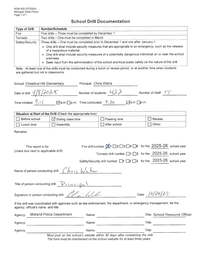 Form for Chesnut Hill Elementary's first safety drill of 2025-2026
