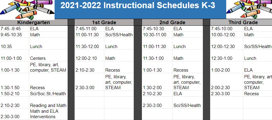 Lockard Elementary School’s 2021-2022 Instructional Schedule K-3