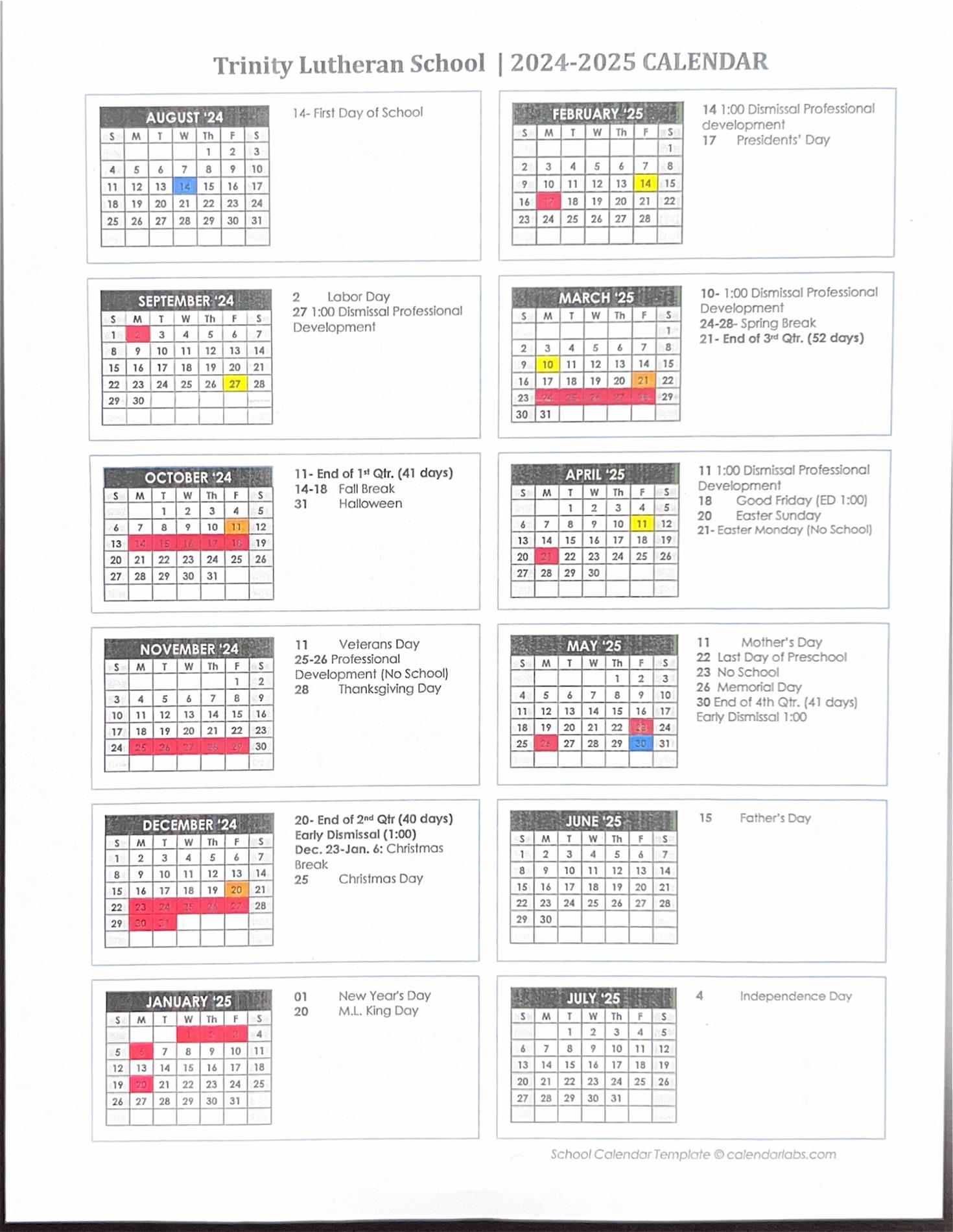 School Year Calendar for 2024-2025 School Year