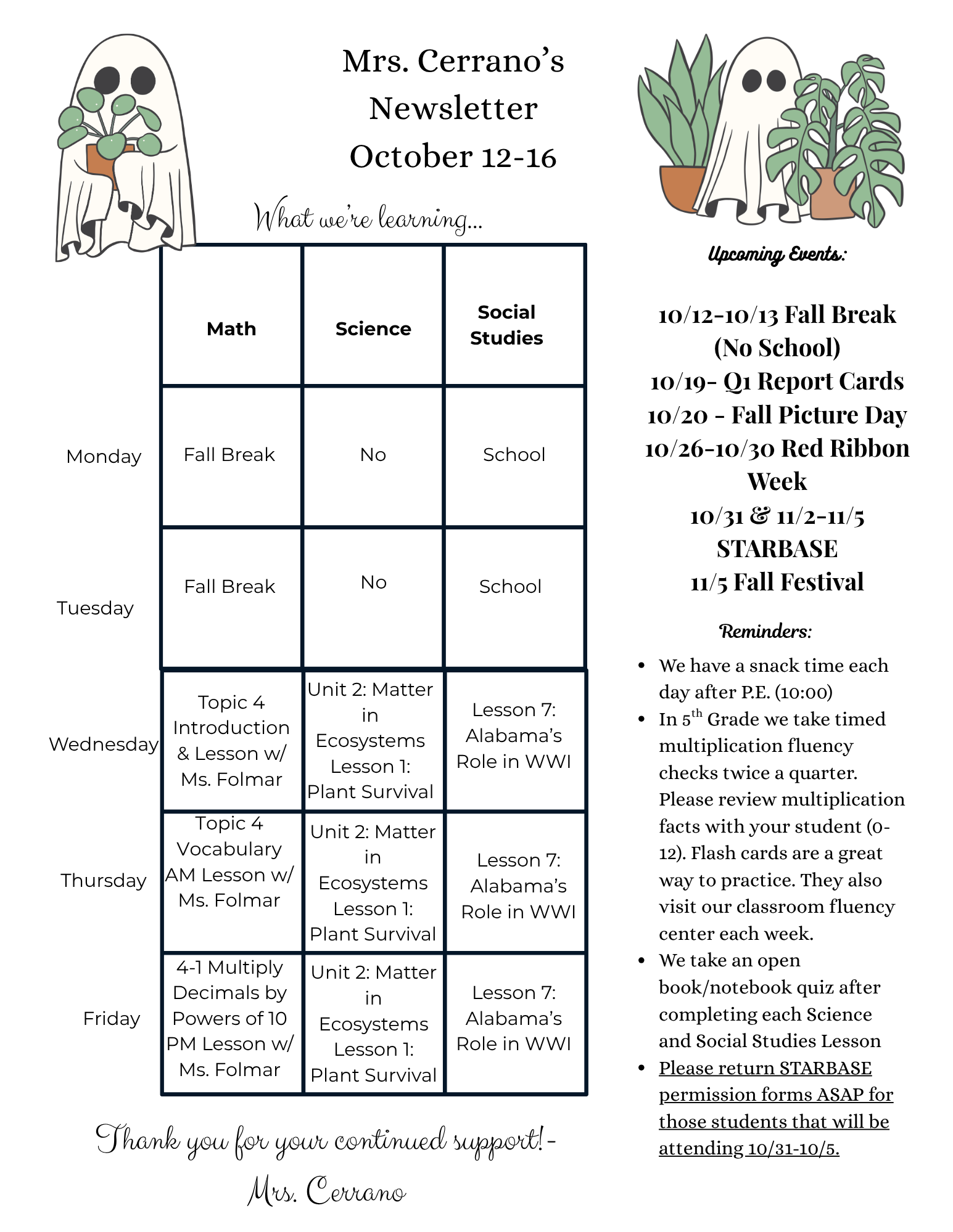 Newsletter 10/12-10/16