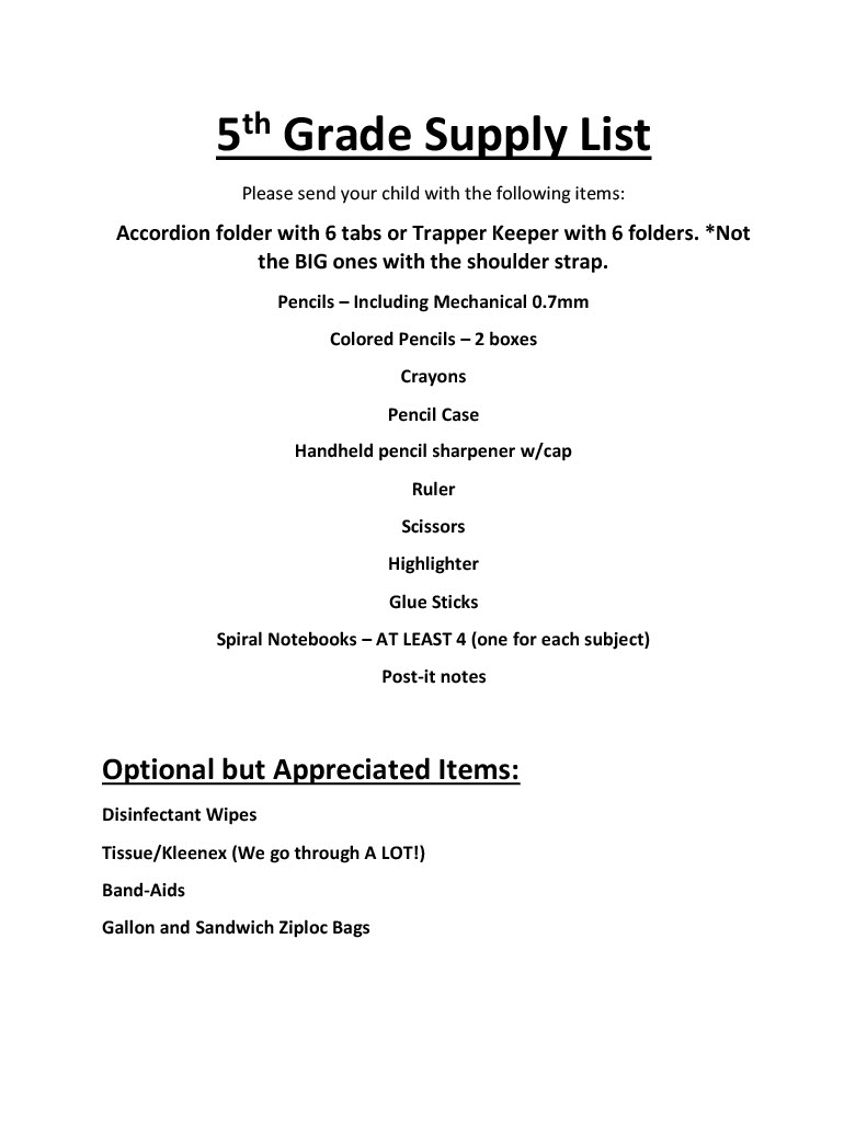5th Grade School Supply List
