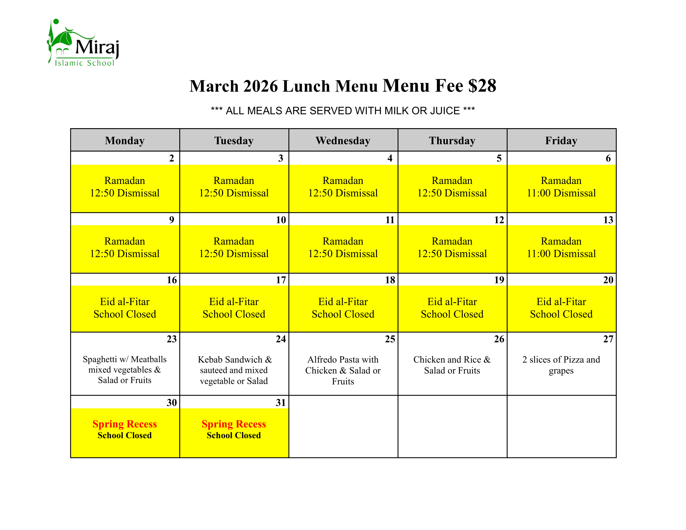 March Lunch Menu March Lunch Menu