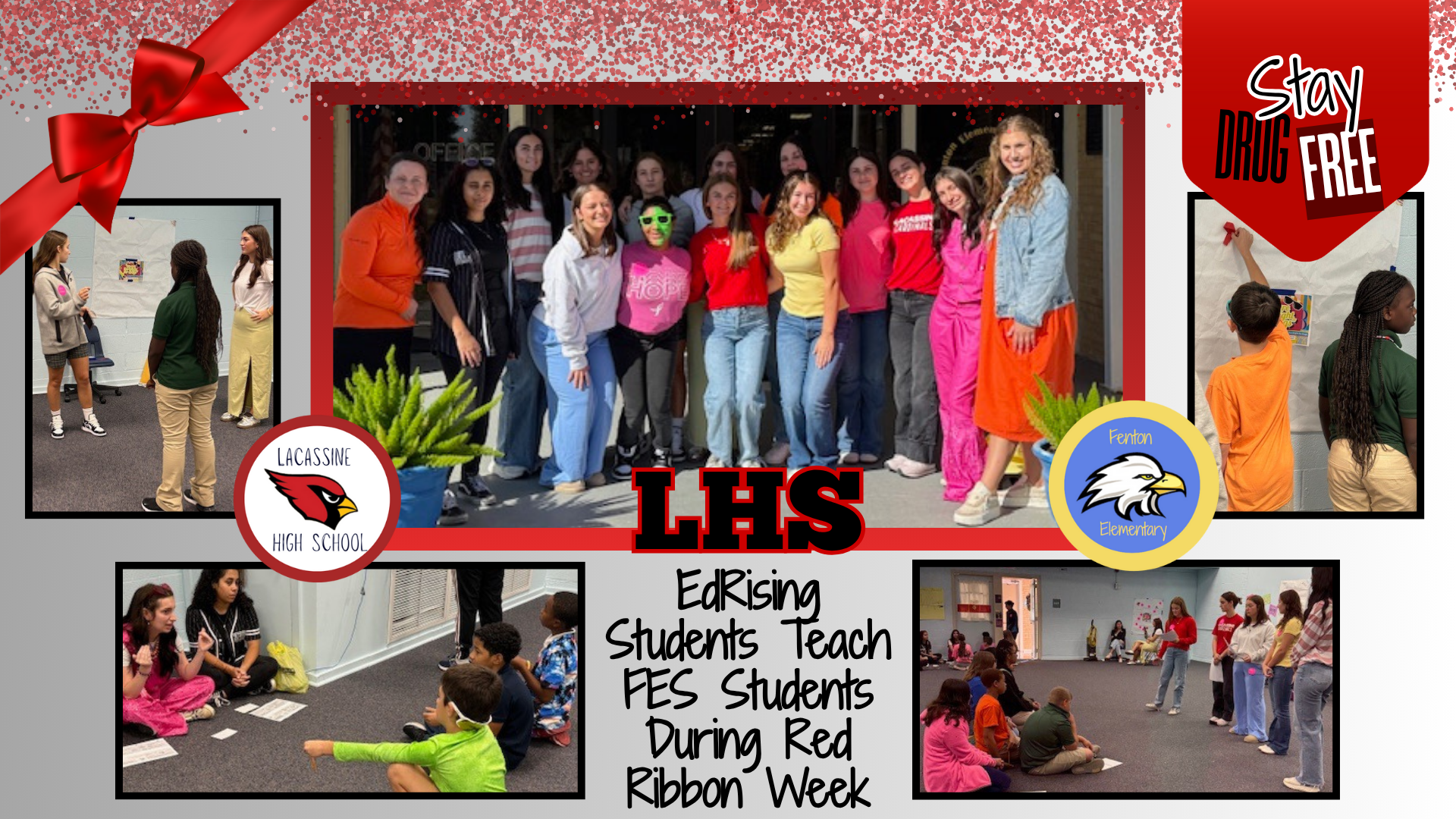 LHS EdRising went on an adventure to Fenton Elementary school to share Red Ribbon Week lessons that they created! From peer pressure to the effects on the body, these teens did a great job spreading awareness. Let’s celebrate their success!