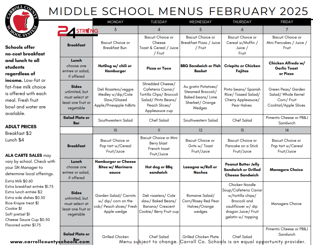 February 2025 Menu