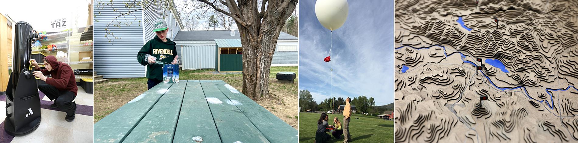 students work on different projects; a telescope, a picnic table, a weather balloon, a 3-d map