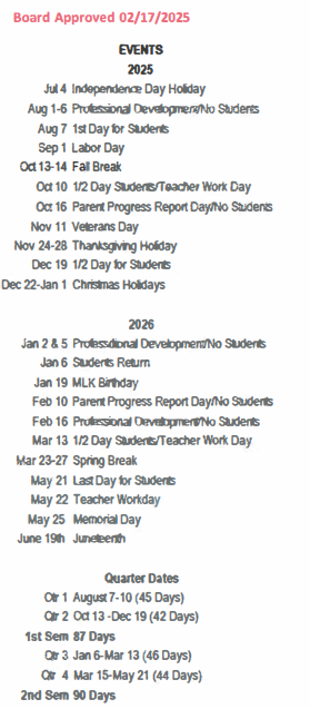 List of 25-56 school calendar