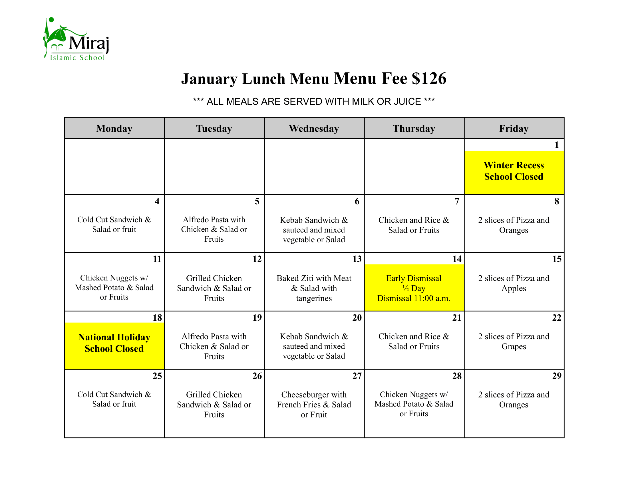 January Lunch Menu
