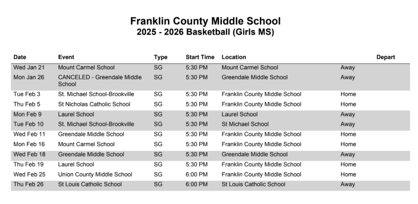 2026 Girls MS Basketball Schedule updated January 30