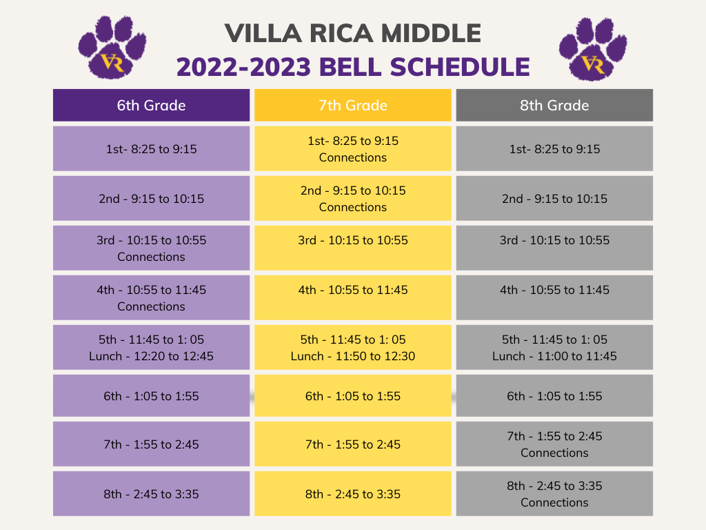 VRMS 2022 bell schedule: 1st- 8:25 to 9:15, 2nd - 9:15 to 10:15, 3rd - 10:15 to 10:55, 4th - 10:55 to 11:45, 5th - 11:45 to 1: 05, 6th - 1:05 to 1:55, 7th - 1:55 to 2:45, 8th - 2:45 to 3:35