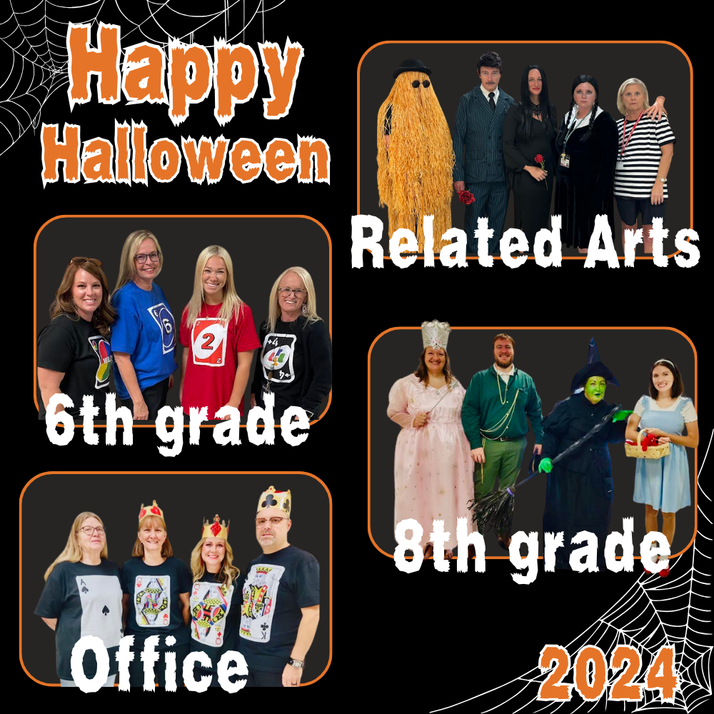 Happy Halloween 2024! Related Arts as the Addams Family, 6th grade as UNO cards, 8th grade as the Wizard of Oz, Office as a deck of cards