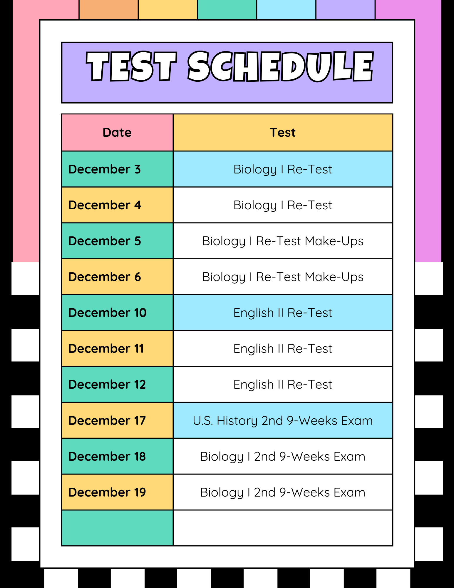 December Testing Schedule