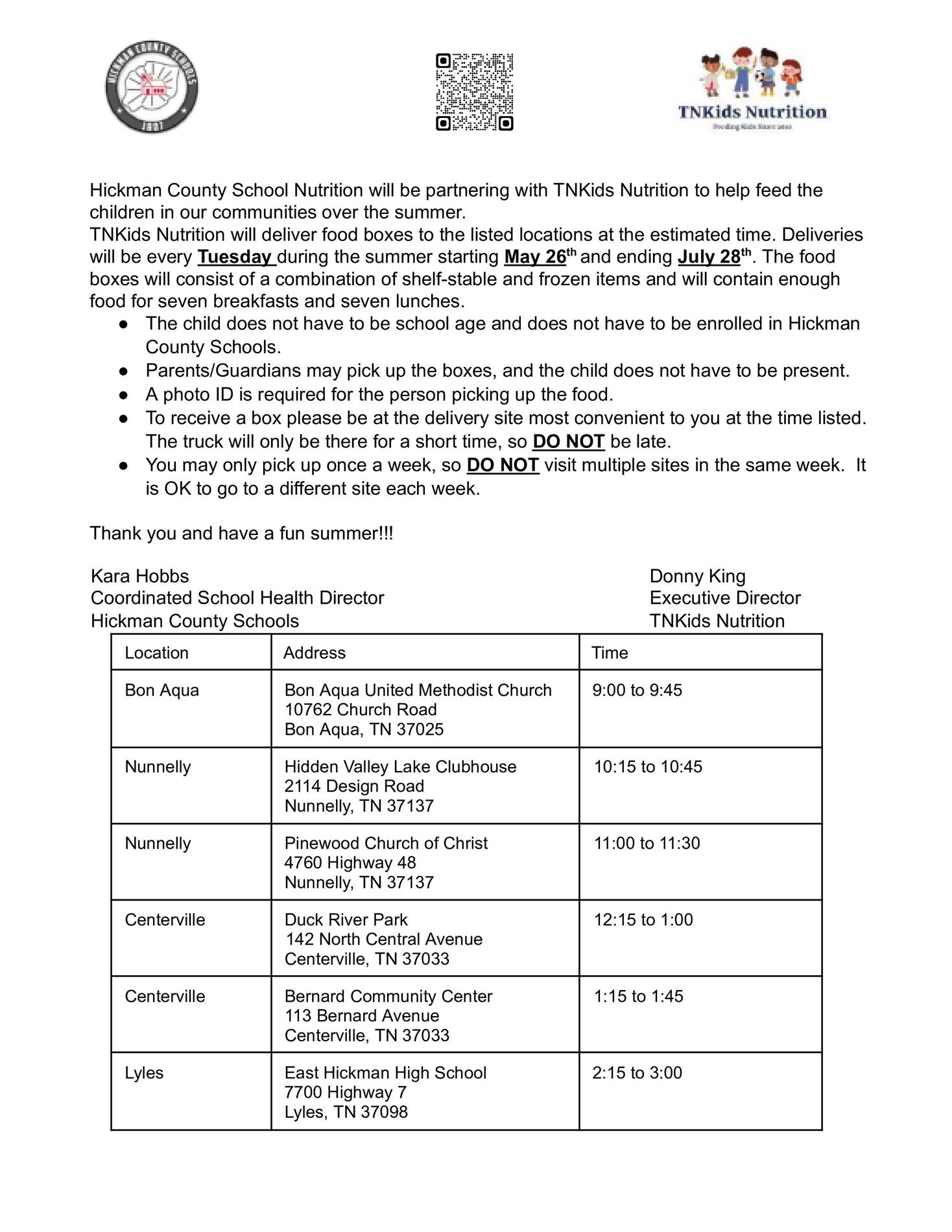 Summer Food Distribution Schedule