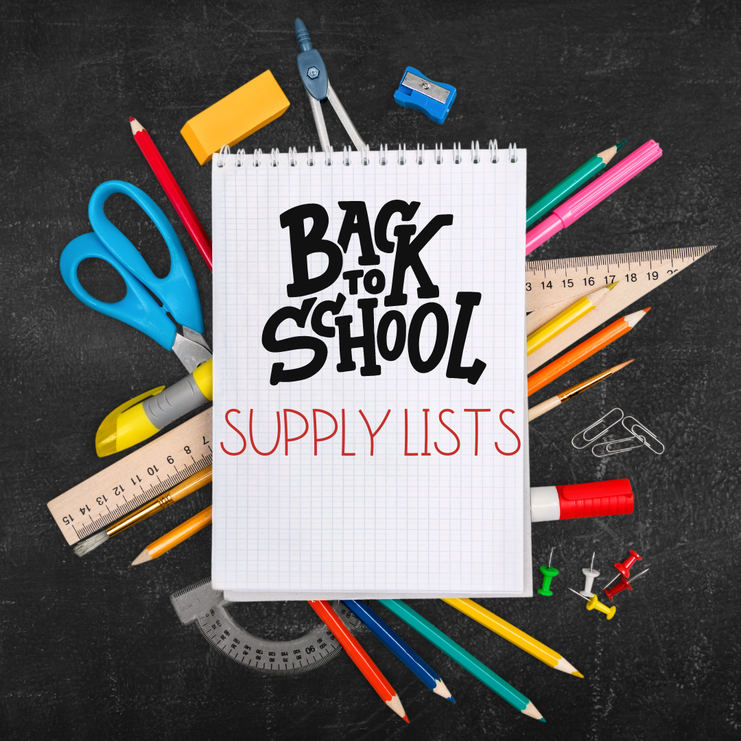 Back to School Supply Lists graphic with various school supplies in background.