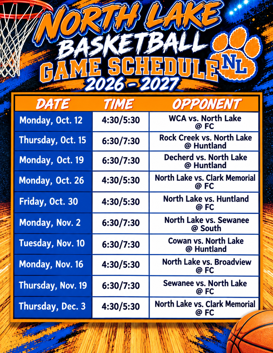 North Lake Basketball Schedule 2026-2027