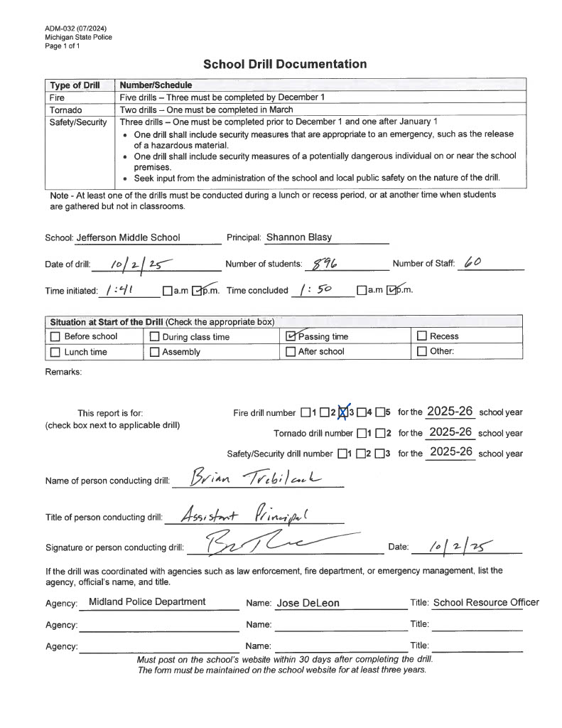 Form for Jefferson Middle School's third fire drill of 2025-2026