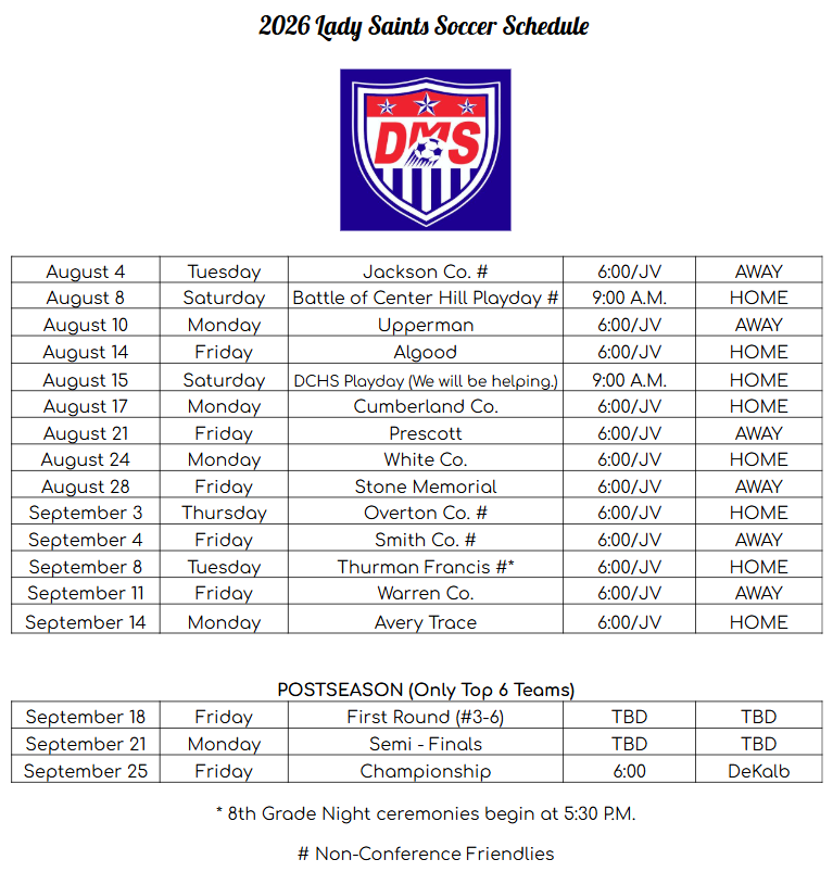 2026 Lady Saints Soccer Schedule