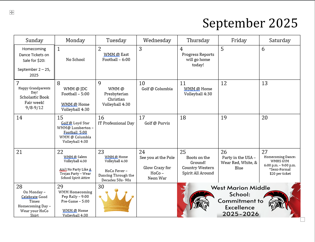 September Calendar of Events
