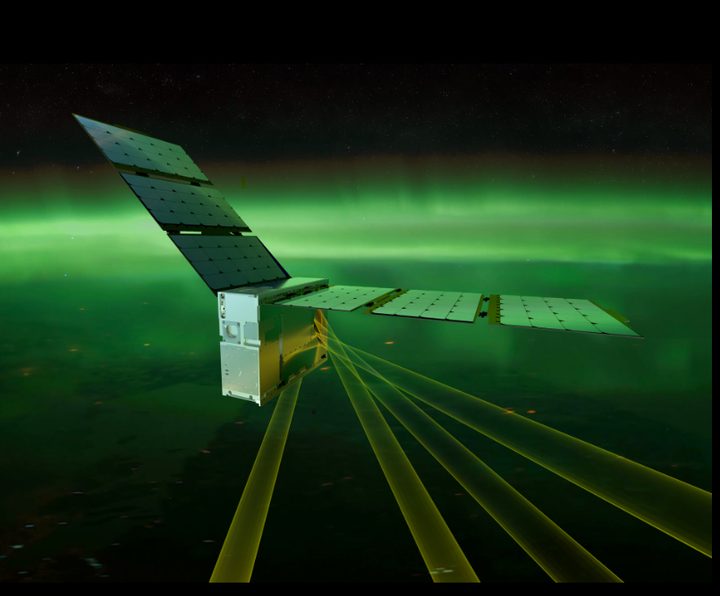The EZIE satellite over green aurora, casting measurement beams toward Earth.