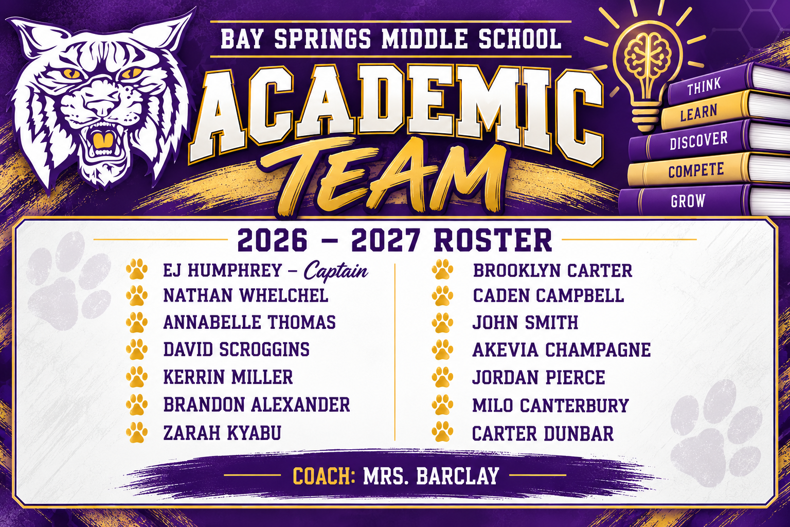Bay Springs Middle School Academic Team 2026–2027 Roster Coach: Mrs. Barclay  Team Members: - EJ Humphrey – Captain - Nathan Whelchel - Annabelle Thomas - David Scroggins - Kerrin Miller - Brandon Alexander - Zarah Kyabu - Brooklyn Carter - Caden Campbell - John Smith - Akevia Champagne - Jordan Pierce - Milo Canterbury - Carter Dunbar Additional Text on Image:  Think • Learn • Discover • Compete • Grow