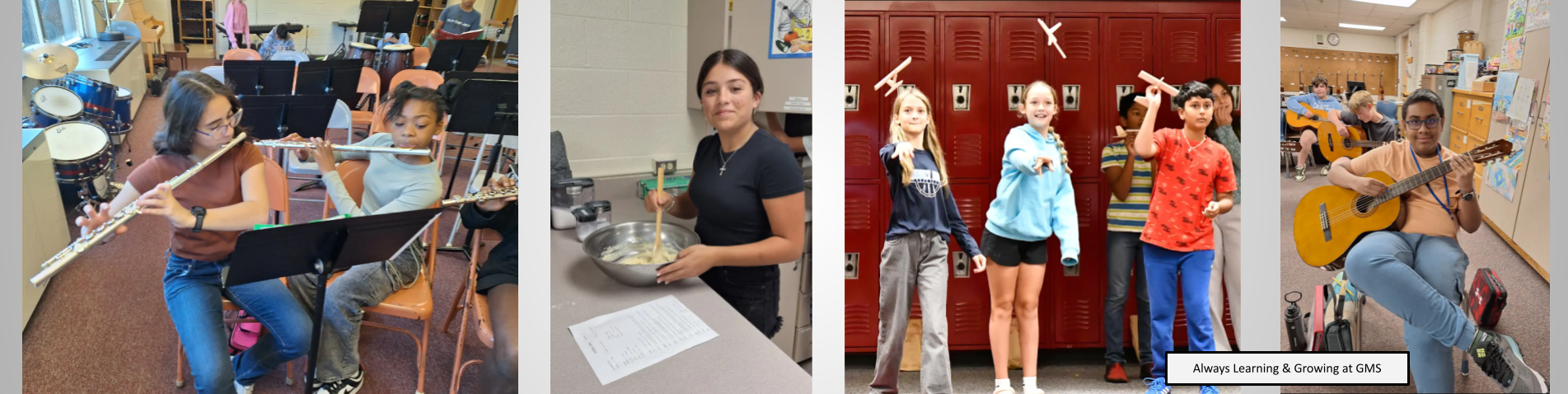 Students playing the flute, guitar, baking and flying paper airlines for class assignments