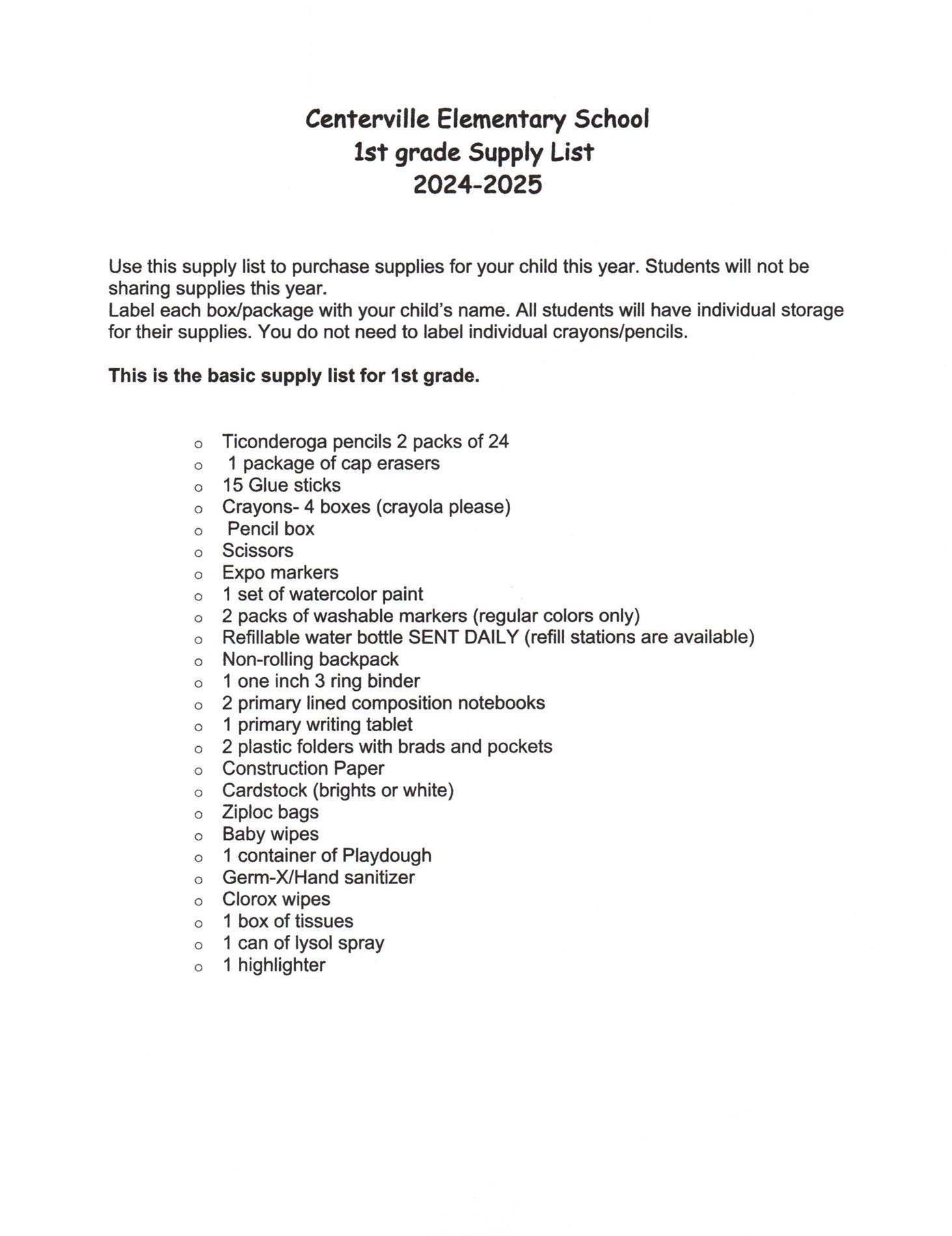 1st Grade List of School Supply Items Needed