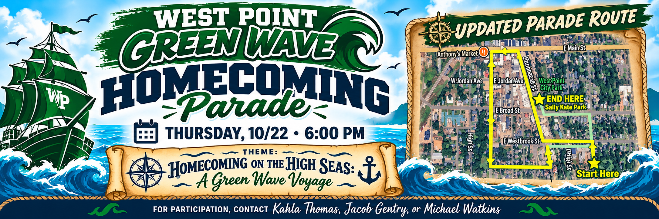 West Point Green Wave Homecoming Parade flyer announcing the October 22 parade at 6:00 p.m. with the theme “Homecoming on the High Seas: A Green Wave Voyage.”