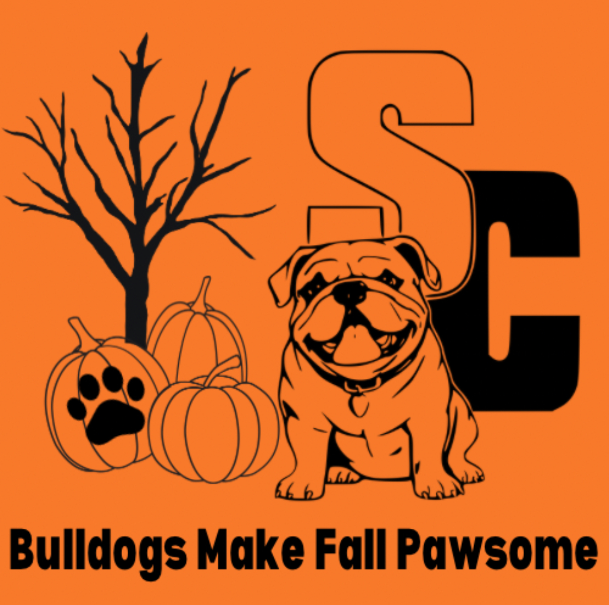 Picture of T-Shirt: Orange Background, Bullpup, Pumpkins & Tree, Bulldogs Make Fall Pawsome