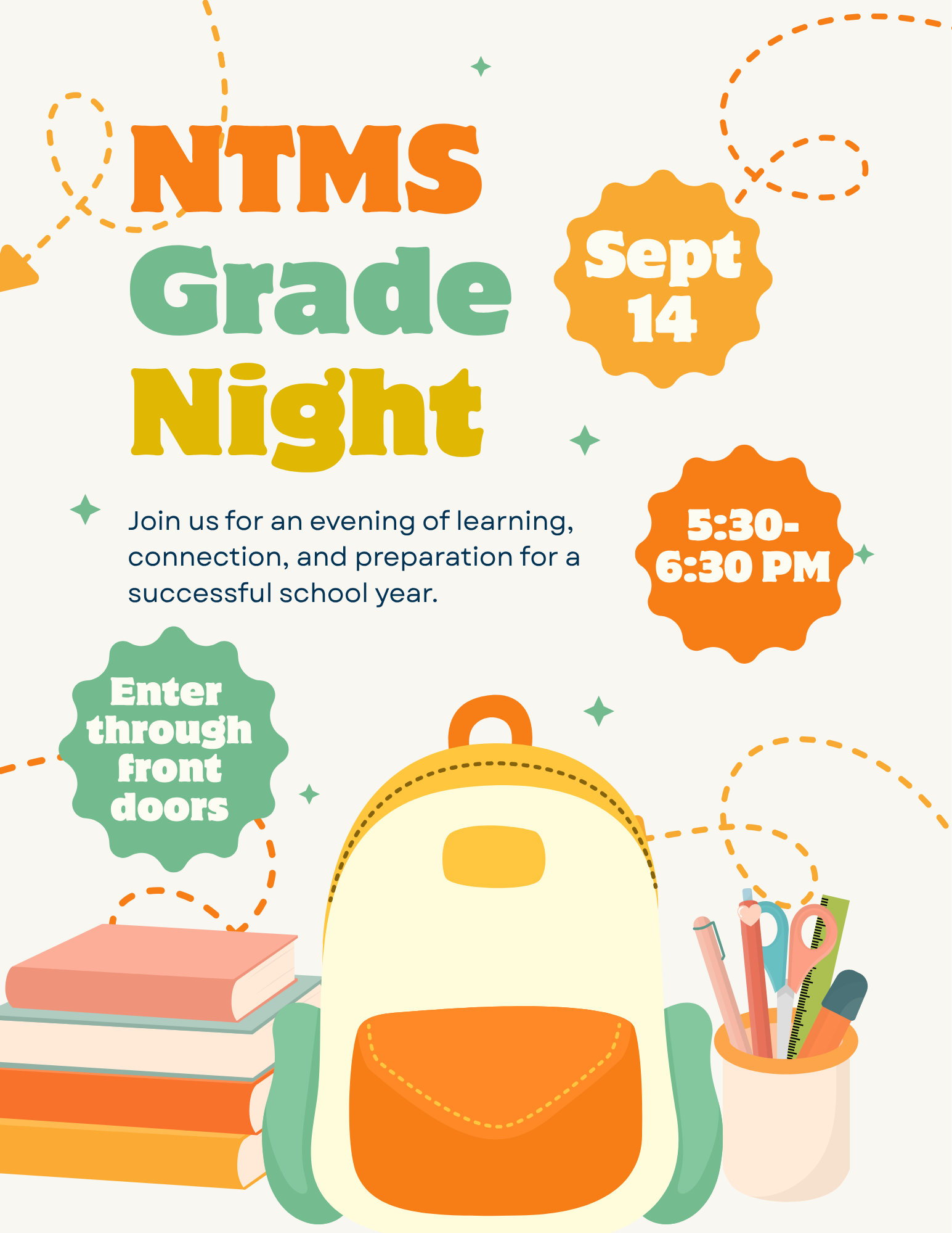 Save the date for the NTMS Grade Night on September 14 from 5:30 p.m.-6:30 p.m.! #NTMS #TheWarriorWay