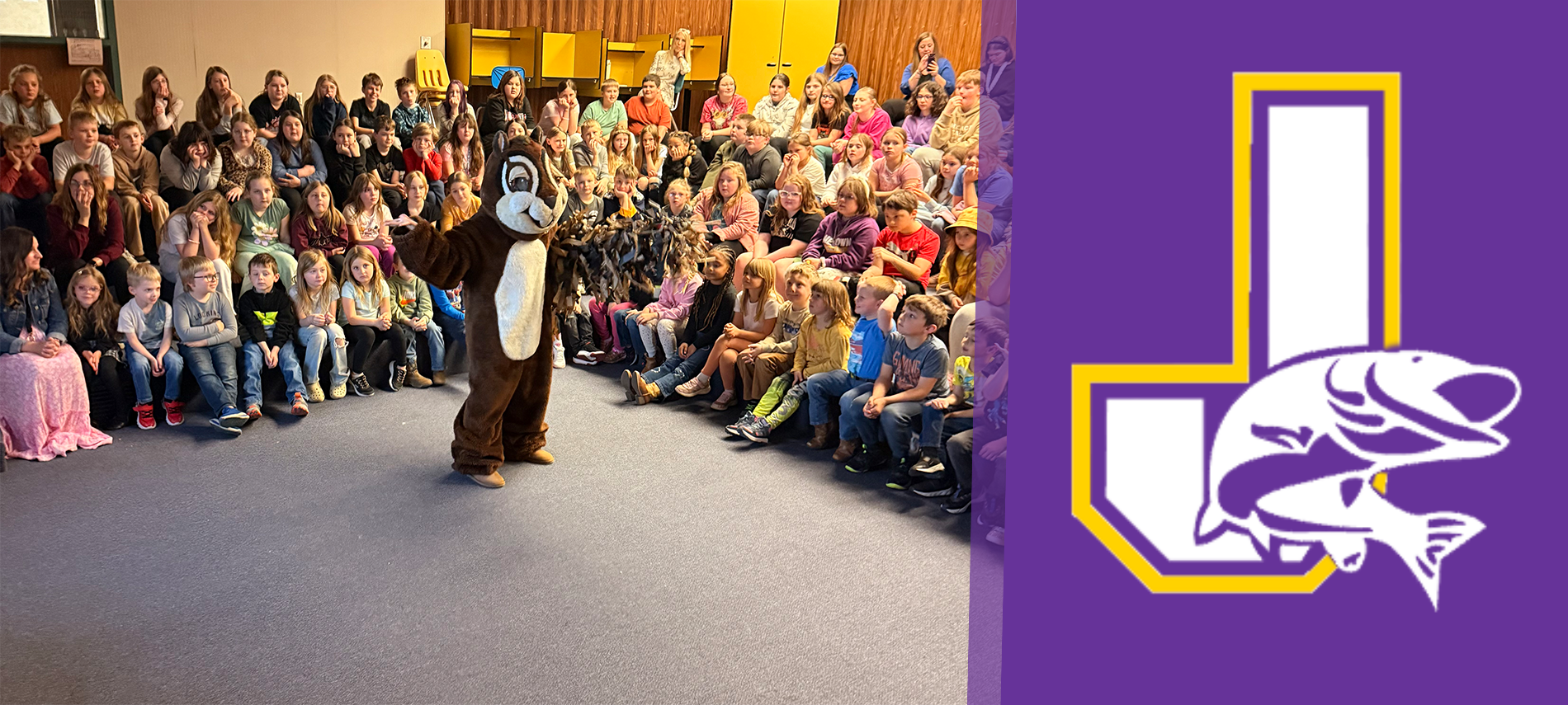One School One Book with Twitch the Squirrel and all of the students together.